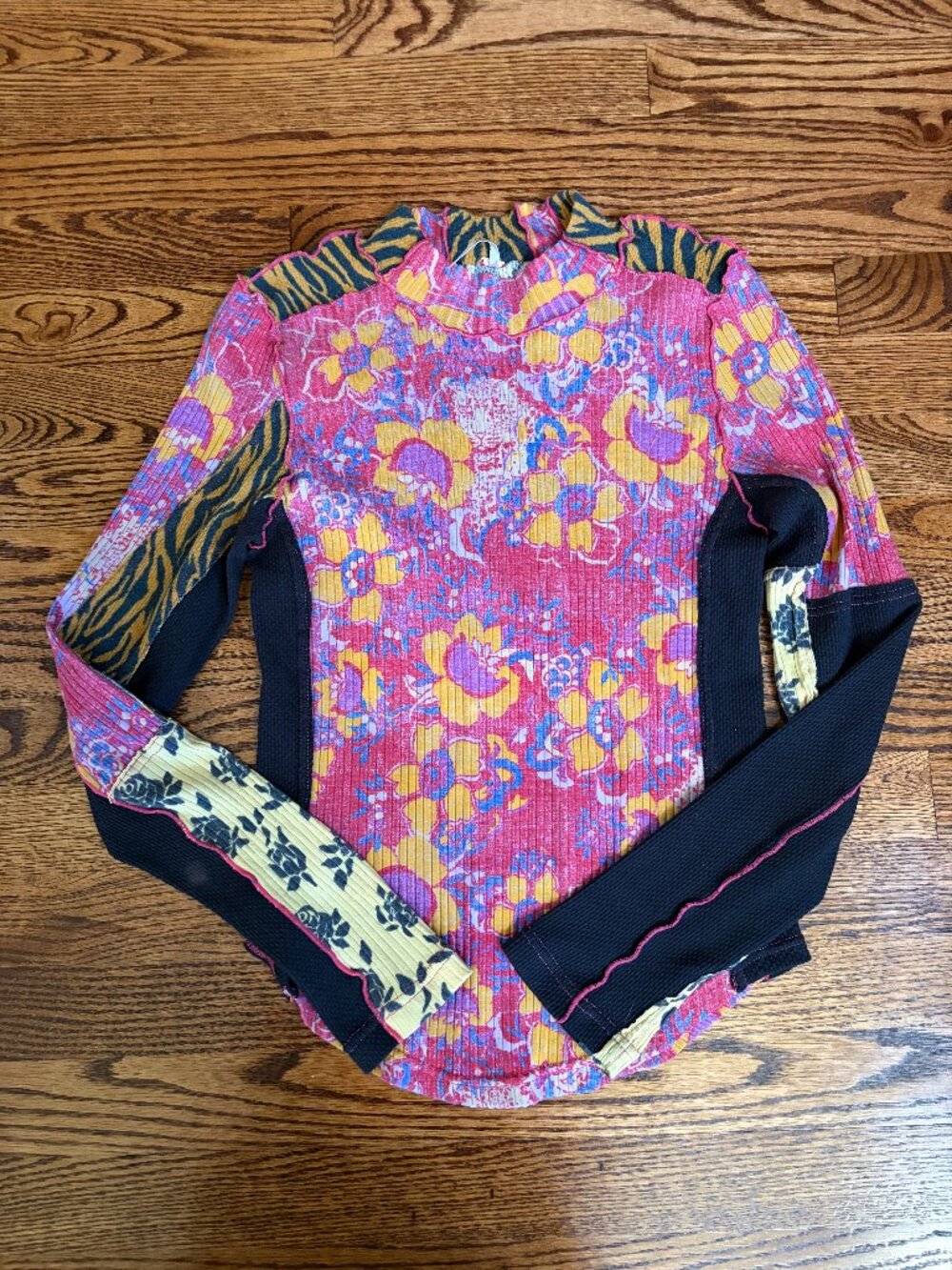 Free People Meadow Mix Long Sleeve Mock Neck Floral Tiger Patchwork Top Medium